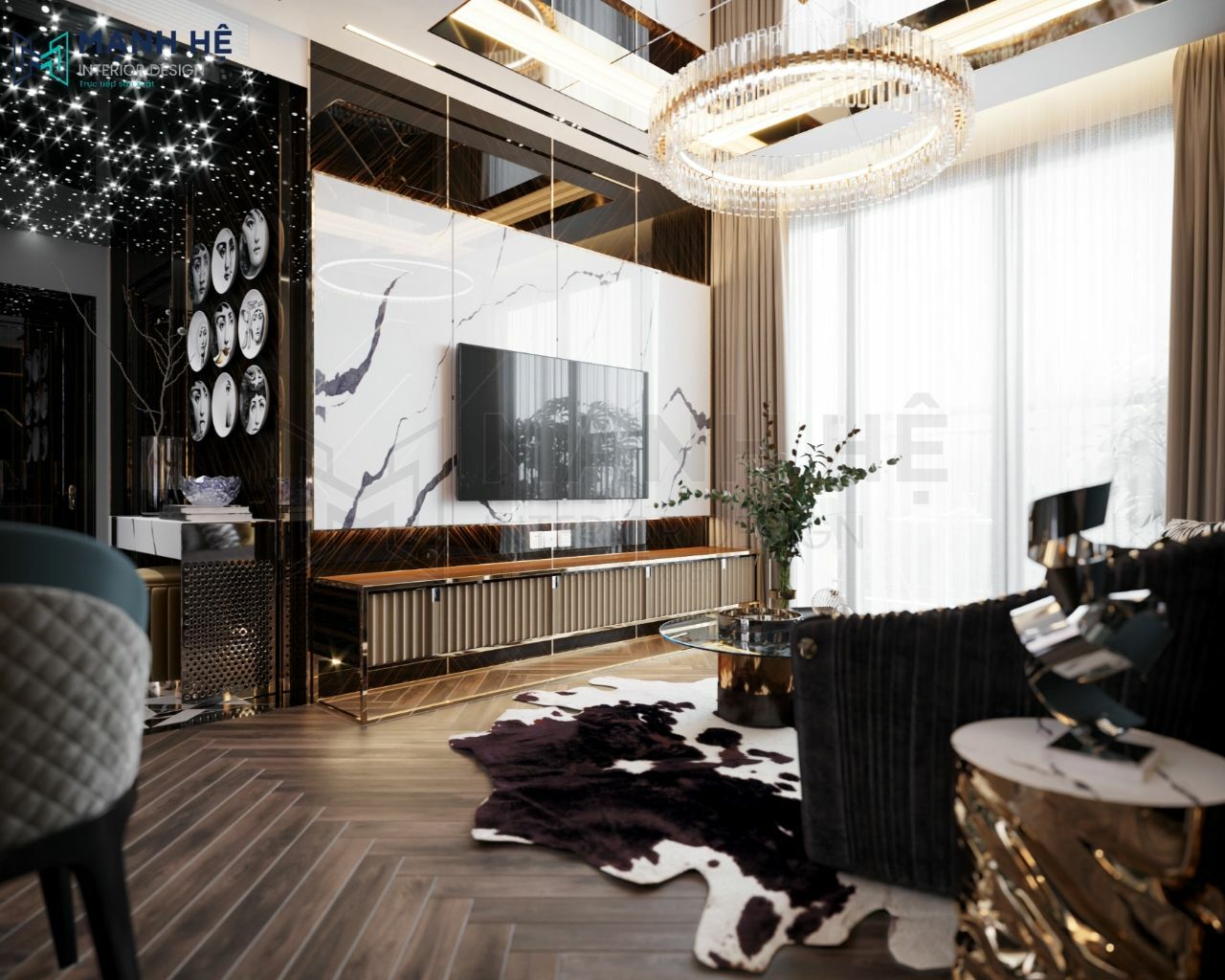 Thiết kế nội thất nhà a Tùng – Gò Vấp 11 Vách ốp tường sau kệ tivi bằng đá tự nhiên