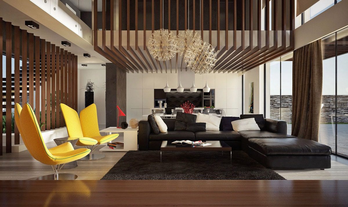 Không gian phòng khách 30m2 có cầu thang được thiết kế độc lạ bằng cách thanh gỗ và bộ ghế sofa chữ L 