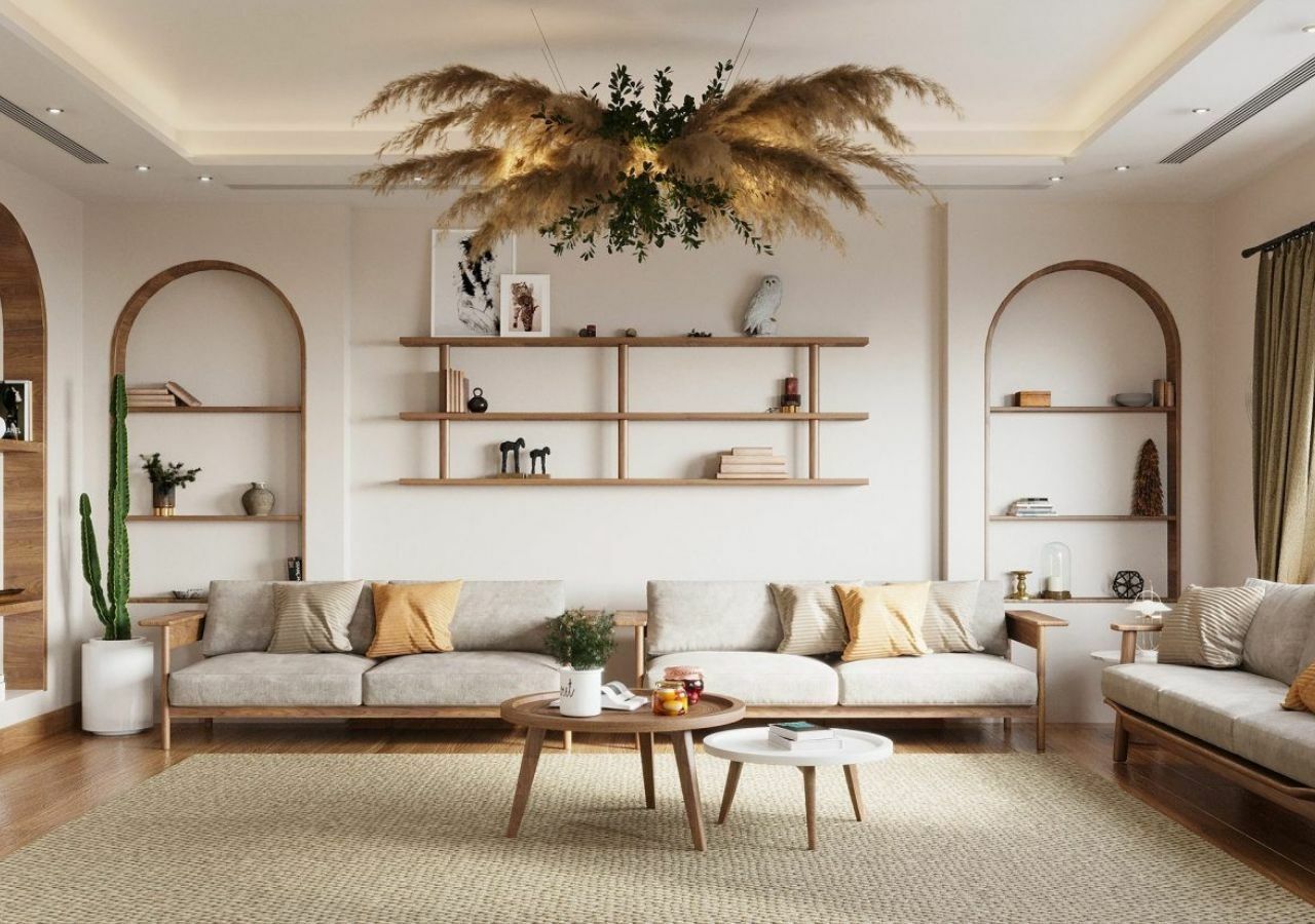Phòng khách 30m2 Bắc u với bộ ghế sofa gỗ đơn giản