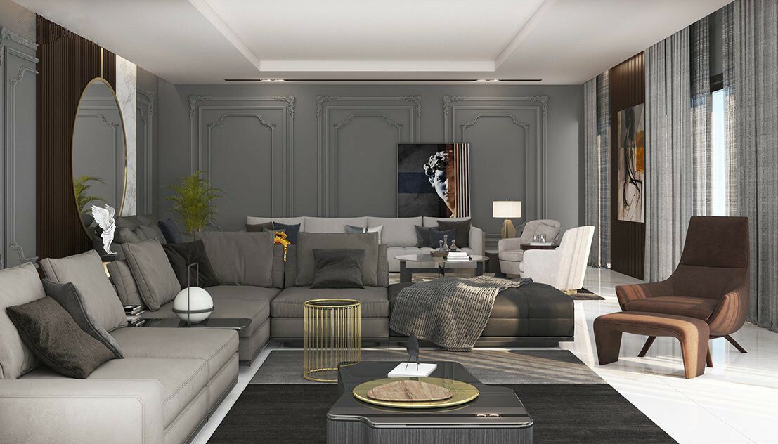 Thiết kế phòng khách 30m2 hiện đại với tone màu trầm, sạch sẽ