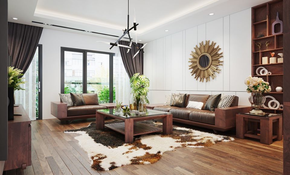 Phòng khách hiện đại hơn với bộ sofa gỗ và hệ tủ đồ nhiều ngăn